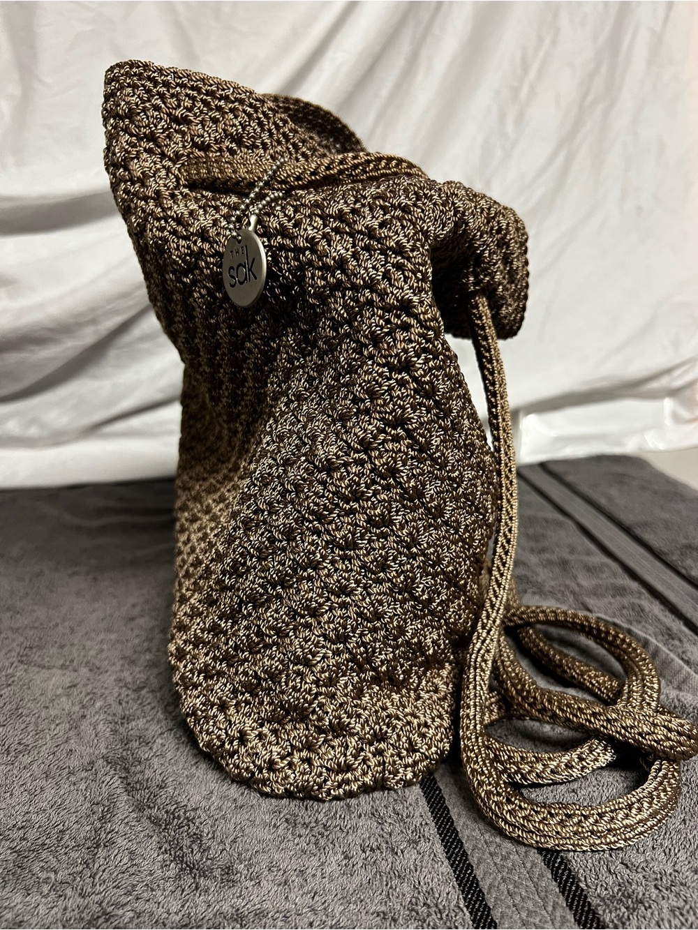 The Sac tan Crochet Drawstring  Bag